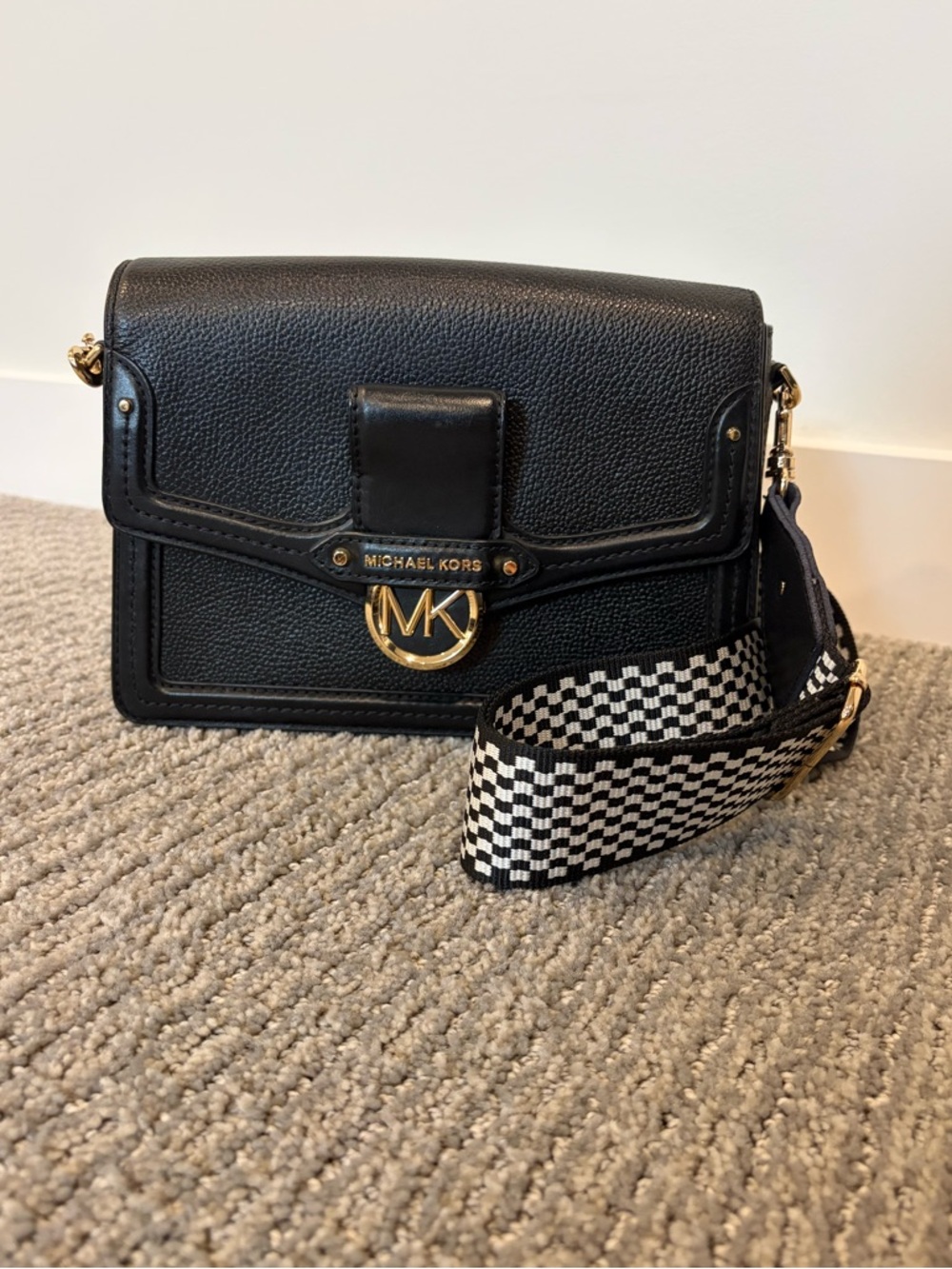 Michael Kors Black Leather Crossbody with Checker Strap